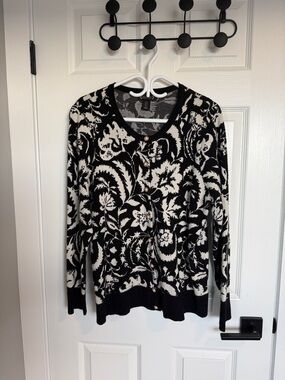 Nanette Lepore Black and White Floral Button Cardigan